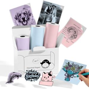 image:imageMemoking T02 Sticker Paper Holographic Silver Compatible with T02M02Q02ET02 ProD20D21 Print Pods Mini Printer Thermal Sticky Labels 50mmx35m for Journal Photo Texts Study Notes Sticker 3 RollsPinkGreenPurple