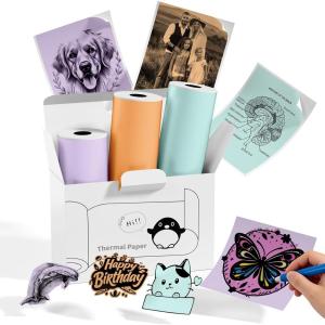 image:imageMemoking T02 Sticker Paper Holographic Silver Compatible with T02M02Q02ET02 ProD20D21 Print Pods Mini Printer Thermal Sticky Labels 50mmx35m for Journal Photo Texts Study Notes Sticker 3 RollsPurpleOrangeGreen
