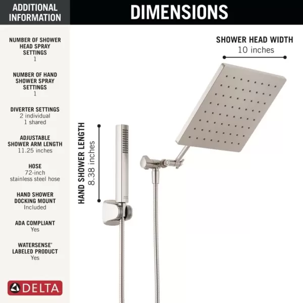 imageDelta Faucet 10inch Raincan Shower Head and Hand Held Shower Combo Brushed Nickel Square Shower Head Rainfall Shower Head Hand Shower 175 GPM Flow Rate Spotshield Brushed Nickel 75527SN