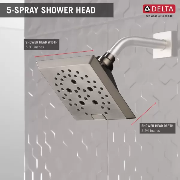 imageDelta Faucet 5Spray H2Okinetic Raincan Shower Head Brushed Nickel Showerhead Square Shower Head Delta Shower Head Water Saving Shower Head Lumicoat Stainless 52664SSPR