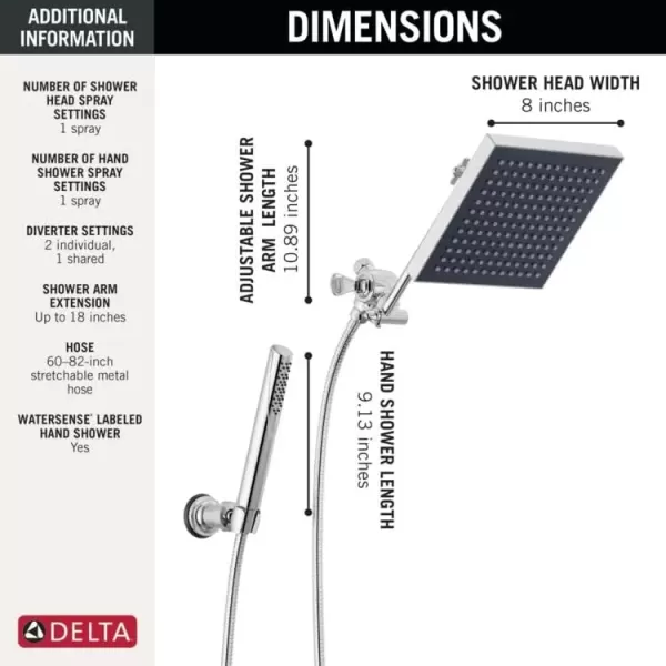 imageDelta Faucet Chrome Rain Shower Head Square Rainfall Shower Head Handheld Shower with hose Adustable Shower Arm Shower Arm Diverter 25 GPM Water Flow Chrome