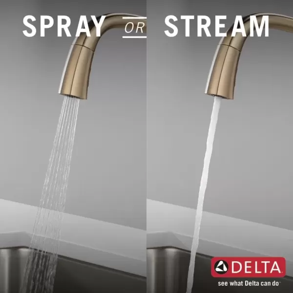 imageDelta Faucet Stryke VoiceIQ Touchless Kitchen Faucet with Pull Down Sprayer Smart Faucet Alexa and Google Assistant Voice Activated Kitchen Sink Faucet Lumicoat Arctic Stainless 9176TVARDSTLumicoat Champagne Bronze