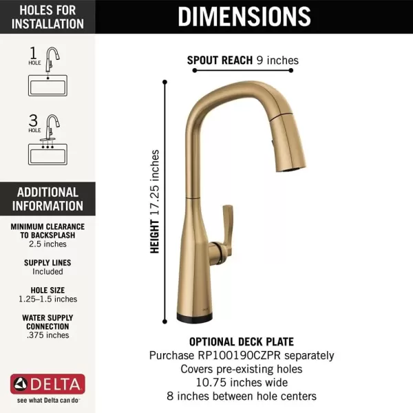 imageDelta Faucet Stryke VoiceIQ Touchless Kitchen Faucet with Pull Down Sprayer Smart Faucet Alexa and Google Assistant Voice Activated Kitchen Sink Faucet Lumicoat Arctic Stainless 9176TVARDSTLumicoat Champagne Bronze