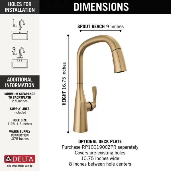 imageDelta Faucet Stryke VoiceIQ Touchless Kitchen Faucet with Pull Down Sprayer Smart Faucet Alexa and Google Assistant Voice Activated Kitchen Sink Faucet Lumicoat Arctic Stainless 9176TVARDSTLumicoat Champagne Bronze