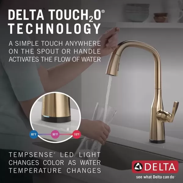 imageDelta Faucet Stryke VoiceIQ Touchless Kitchen Faucet with Pull Down Sprayer Smart Faucet Alexa and Google Assistant Voice Activated Kitchen Sink Faucet Lumicoat Arctic Stainless 9176TVARDSTLumicoat Champagne Bronze