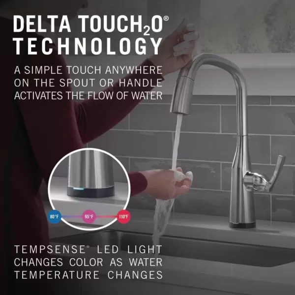 imageDelta Faucet Stryke VoiceIQ Touchless Kitchen Faucet with Pull Down Sprayer Smart Faucet Alexa and Google Assistant Voice Activated Kitchen Sink Faucet Lumicoat Arctic Stainless 9176TVARDSTLumicoat Arctic Stainless