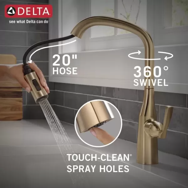 imageDelta Faucet Stryke VoiceIQ Touchless Kitchen Faucet with Pull Down Sprayer Smart Faucet Alexa and Google Assistant Voice Activated Kitchen Sink Faucet Lumicoat Arctic Stainless 9176TVARDSTLumicoat Champagne Bronze