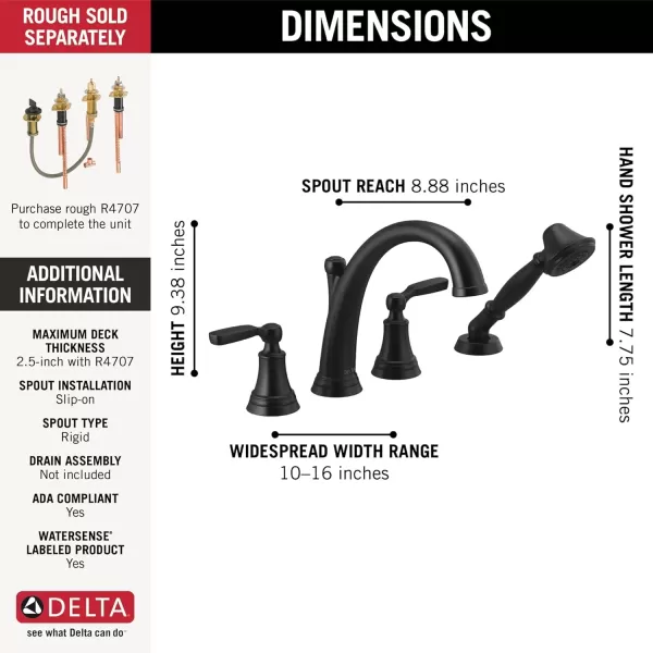imageDelta Faucet T4732RB Woodhurst Roman Tub with Handshower Trim Venetian Bronze Valve sold separatelyMatte Black