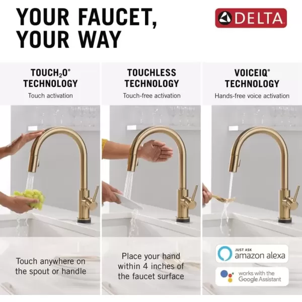 imageDelta Faucet Trinsic VoiceIQ Touchless Kitchen Faucets with Pull Down Sprayer Smart Faucet Alexa and Google Assistant Voice Activated Kitchen Sink Faucet Matte Black 9159TVBLDSTChampagne Bronze
