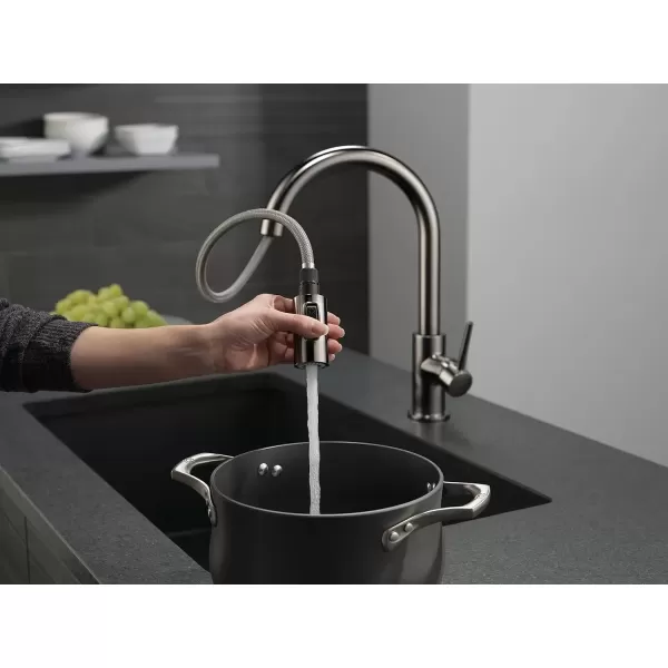imageDelta Faucet Trinsic VoiceIQ Touchless Kitchen Faucets with Pull Down Sprayer Smart Faucet Alexa and Google Assistant Voice Activated Kitchen Sink Faucet Matte Black 9159TVBLDSTBlack Stainless