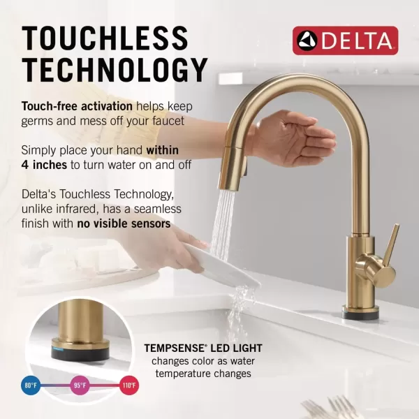 imageDelta Faucet Trinsic VoiceIQ Touchless Kitchen Faucets with Pull Down Sprayer Smart Faucet Alexa and Google Assistant Voice Activated Kitchen Sink Faucet Matte Black 9159TVBLDSTChampagne Bronze