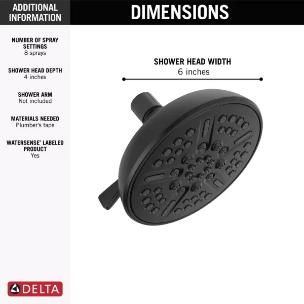 imageDelta Faucet 8Spray TouchClean Matte Black Shower Head Delta Shower Heads Showerhead Shower Head Black 25 GPM Water Flow Matte Black 75898BLMatte Black