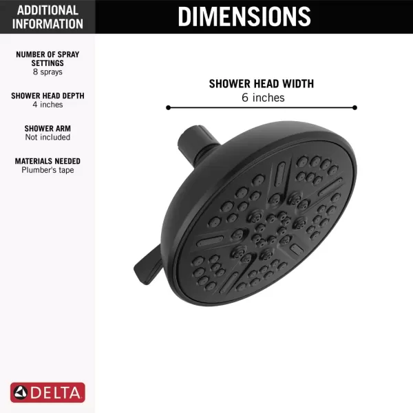 imageDelta Faucet 8Spray TouchClean Matte Black Shower Head Delta Shower Heads Showerhead Shower Head Black 25 GPM Water Flow Matte Black 75898BLMatte Black