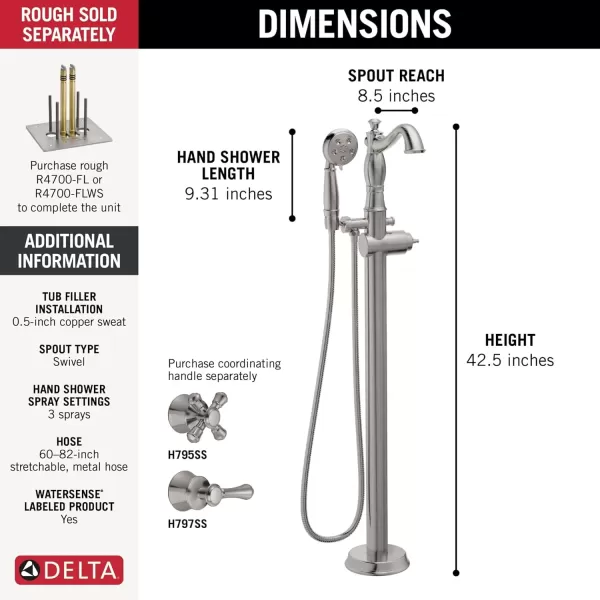 imageDelta Faucet Cassidy FloorMount Freestanding Tub Filler with Hand Held Shower Stainless T4797SSFLLHP Valve and Handle Sold Separately