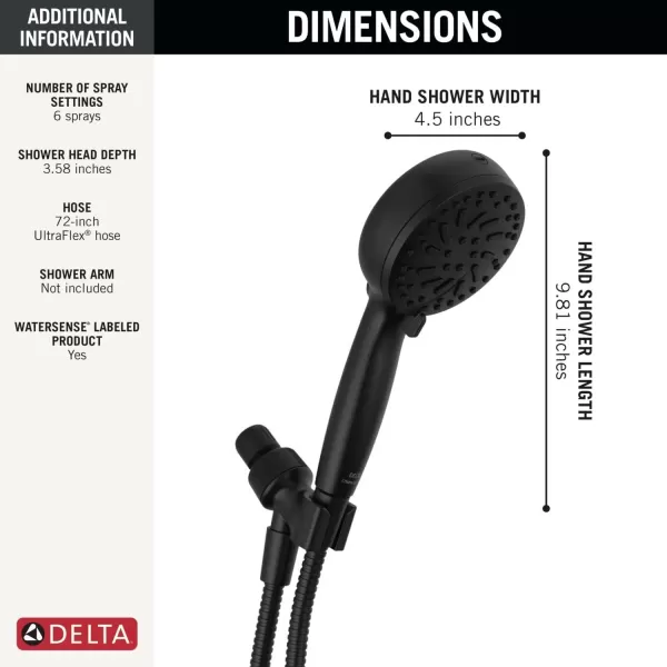 imageDelta Faucet ProClean Matte Black Shower Head with Handheld Showerhead with High Pressure Spray Handheld Shower Head 6 Spray Settings Matte Black 75740BLMatte Black