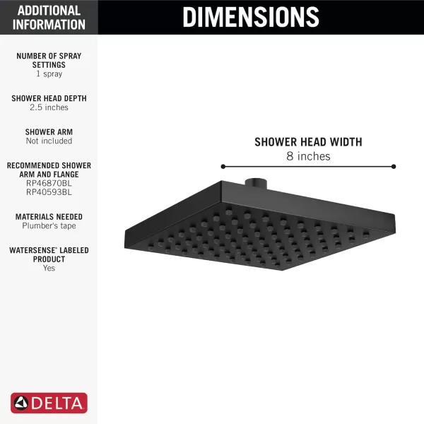 imageDelta Faucet SingleSpray Rain Shower Head Black Rainfall Shower Head Black Square Shower Head Matte Black Delta Rain Shower Metal Shower Head Matte Black 52841BL 175 GPM Water FlowMatte Black