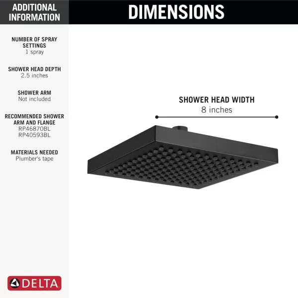imageDelta Faucet SingleSpray Rain Shower Head Black Rainfall Shower Head Black Square Shower Head Matte Black Delta Rain Shower Metal Shower Head Matte Black 52841BL 175 GPM Water FlowMatte Black