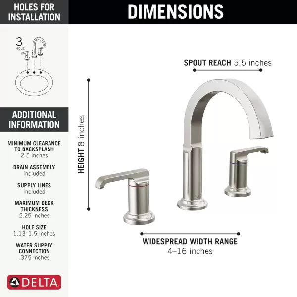 imageDelta Faucet Tetra Chrome Widespread Bathroom Faucet 3 Hole Chrome Bathroom Faucet for Bathroom Sink Bathroom Sink Faucet Diamond Seal Technology Metal Drain Assembly Lumicoat Chrome 35588PRDSTLumicoat Stainless