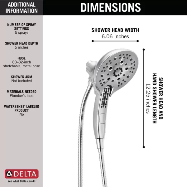 imageDelta Faucet 5Spray In2ition 2in1 Dual Hand Held Shower Head with Hose Chrome 5862025PK