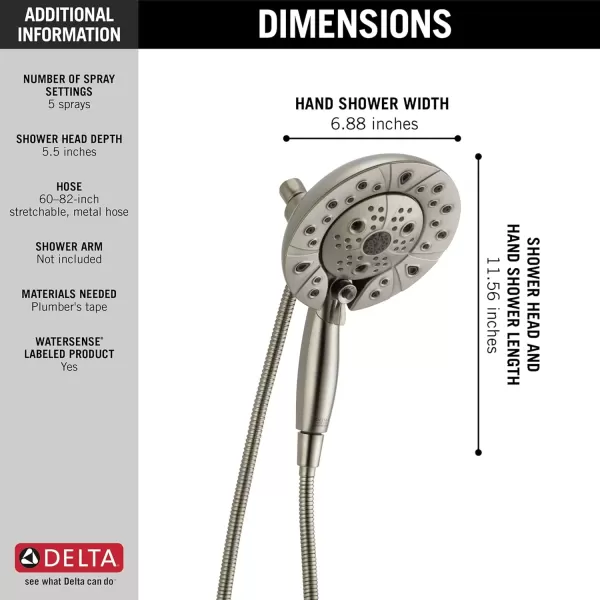 imageDelta Faucet 5Spray In2ition Dual Shower Head with Handheld Spray H2Okinetic Brushed Nickel Shower Head with Hose Showerheads Handheld Shower Heads Lumicoat Stainless 58480SSPRPK
