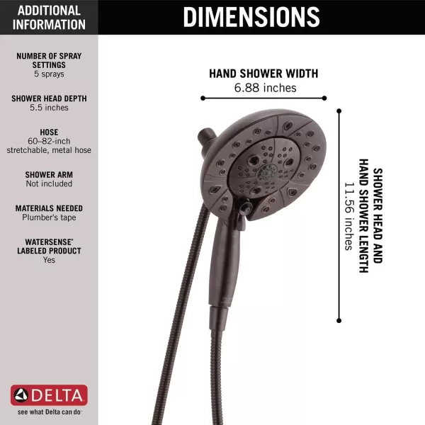 imageDelta Faucet 5Spray In2ition Dual Shower Head with Handheld Spray H2Okinetic Oil Rubbed Bronze Shower Head with Hose Handheld Shower Heads Venetian Bronze 58480RBPK 175 GPM Water FlowVenetian Bronze