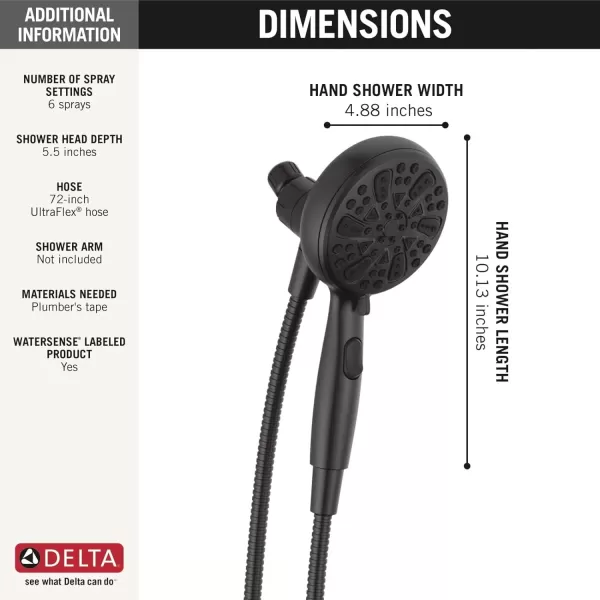 imageDelta Faucet 6Setting SureDock Magnetic Shower Head with Handheld Spray Chrome Shower Head with Hose Round Shower Head Showerheads ampamp Handheld Showers MagnaTite Docking Chrome 75609Matte Black