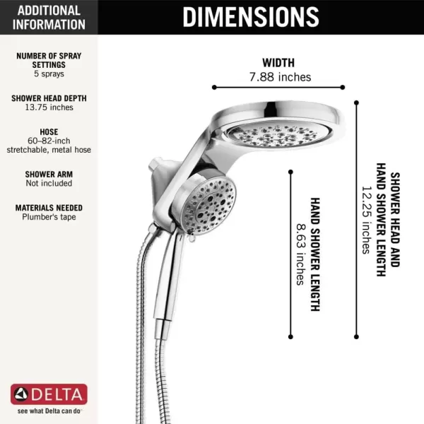 imageDelta Faucet HydroRain 5Spray H2Okinetic Dual Shower Head with Handheld Spray Chrome Shower Head with Hose Handheld Shower Heads Detachable Shower 25 GPM Flow Rate Lumicoat Chrome 58680PR25Chrome