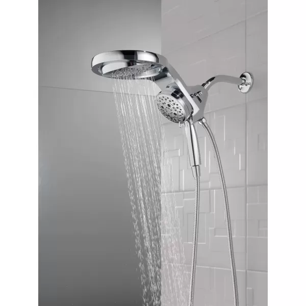 imageDelta Faucet HydroRain 5Spray H2Okinetic Dual Shower Head with Handheld Spray Chrome Shower Head with Hose Handheld Shower Heads Detachable Shower 25 GPM Flow Rate Lumicoat Chrome 58680PR25Chrome