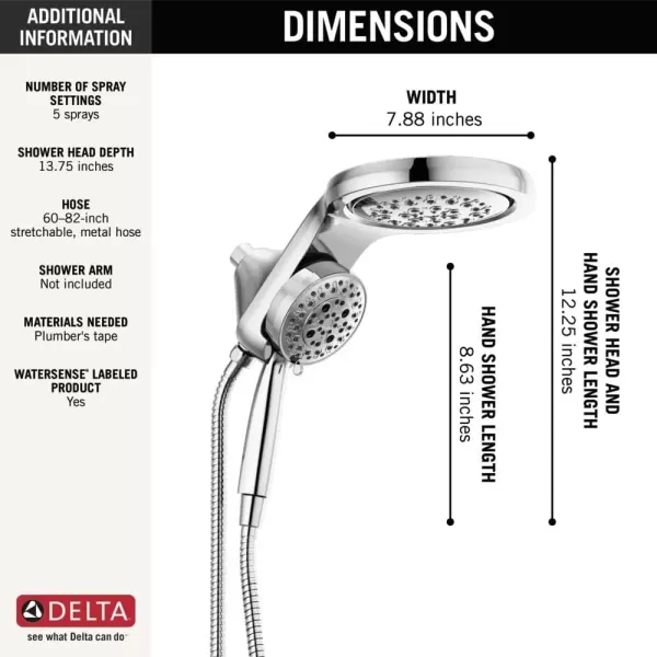 imageDelta Faucet HydroRain 5Spray H2Okinetic Dual Shower Head with Handheld Spray Chrome Shower Head with Hose Handheld Shower Heads Detachable Shower 25 GPM Flow Rate Lumicoat Chrome 58680PR25Chrome