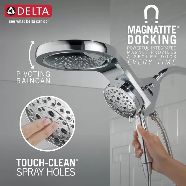 imageDelta Faucet HydroRain 5Spray H2Okinetic Dual Shower Head with Handheld Spray Chrome Shower Head with Hose Handheld Shower Heads Detachable Shower 25 GPM Flow Rate Lumicoat Chrome 58680PR25Chrome