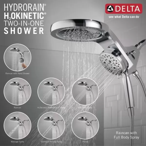 imageDelta Faucet HydroRain 5Spray H2Okinetic Dual Shower Head with Handheld Spray Chrome Shower Head with Hose Handheld Shower Heads Detachable Shower 25 GPM Flow Rate Lumicoat Chrome 58680PR25Chrome