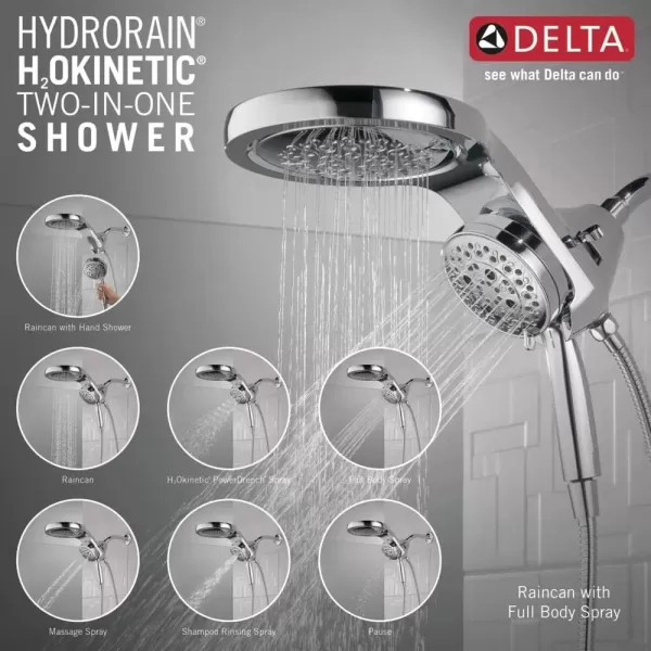 imageDelta Faucet HydroRain 5Spray H2Okinetic Dual Shower Head with Handheld Spray Chrome Shower Head with Hose Handheld Shower Heads Detachable Shower 25 GPM Flow Rate Lumicoat Chrome 58680PR25Chrome