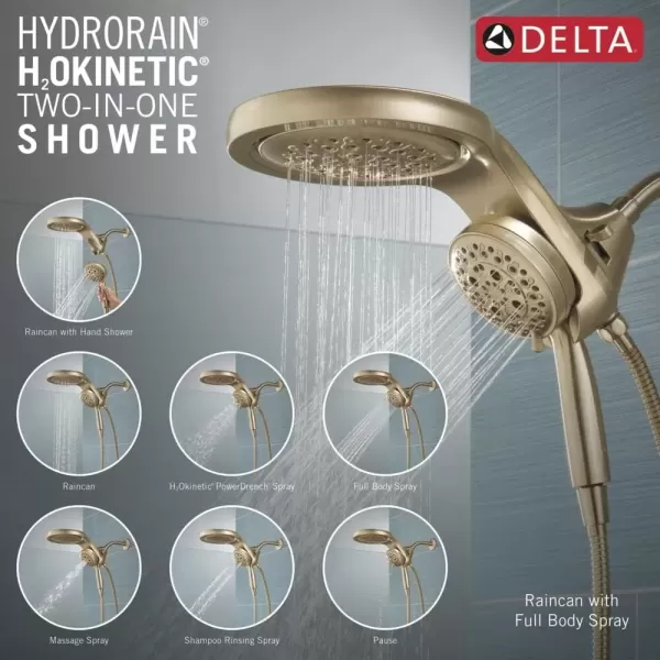 imageDelta Faucet HydroRain 5Spray H2Okinetic Dual Shower Head with Handheld Spray Gold Shower Head with Hose Handheld Shower Heads 25 GPM Flow Rate Champagne Bronze 58680CZ25Champagne Bronze
