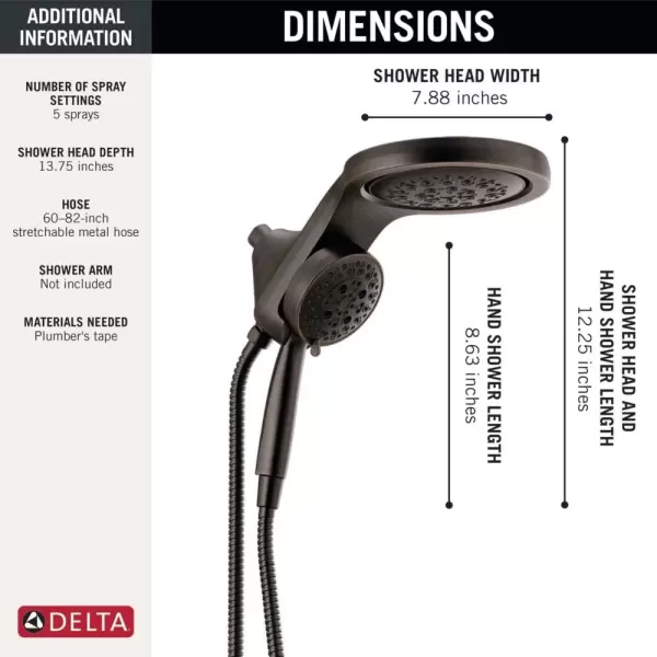 imageDelta Faucet HydroRain 5Spray H2Okinetic Dual Shower Head with Handheld Spray Gold Shower Head with Hose Handheld Shower Heads 25 GPM Flow Rate Champagne Bronze 58680CZ25Venetian Bronze