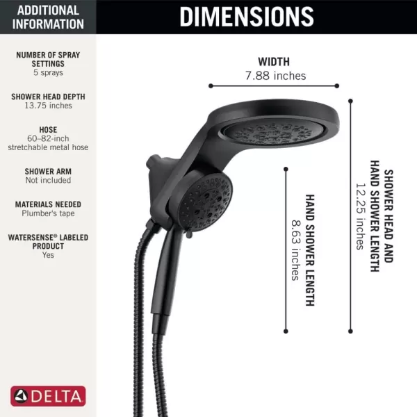imageDelta Faucet HydroRain 5Spray H2Okinetic Dual Shower Head with Handheld Spray Gold Shower Head with Hose Handheld Shower Heads 25 GPM Flow Rate Champagne Bronze 58680CZ25Matte Black