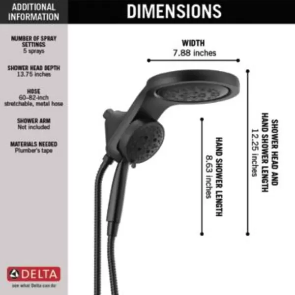 imageDelta Faucet HydroRain 5Spray H2Okinetic Dual Shower Head with Handheld Spray Gold Shower Head with Hose Handheld Shower Heads 25 GPM Flow Rate Champagne Bronze 58680CZ25Matte Black