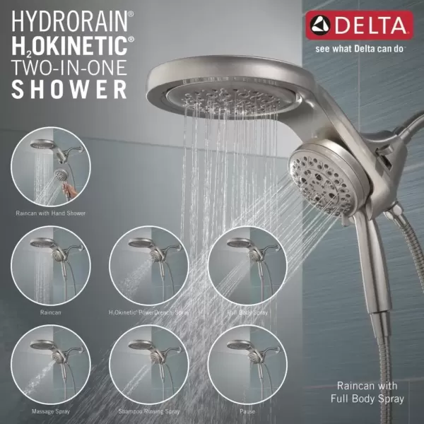 imageDelta Faucet HydroRain 5Spray H2Okinetic Dual Shower Head with Handheld Spray Gold Shower Head with Hose Handheld Shower Heads 25 GPM Flow Rate Champagne Bronze 58680CZ25Stainless