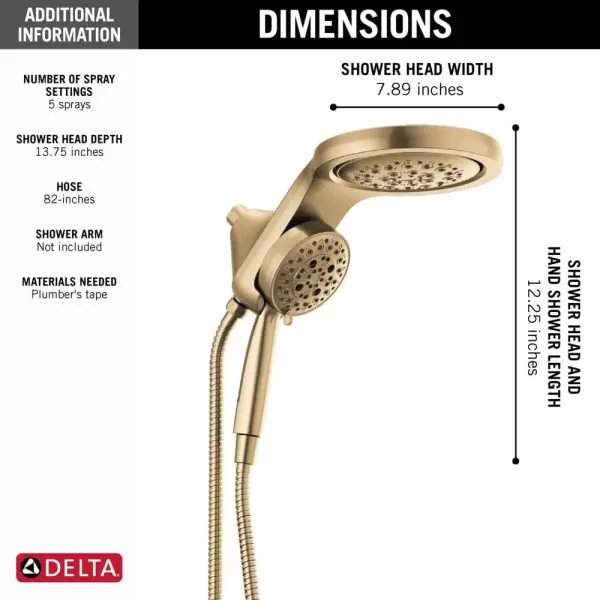 imageDelta Faucet HydroRain 5Spray H2Okinetic Dual Shower Head with Handheld Spray Gold Shower Head with Hose Handheld Shower Heads 25 GPM Flow Rate Champagne Bronze 58680CZ25Champagne Bronze