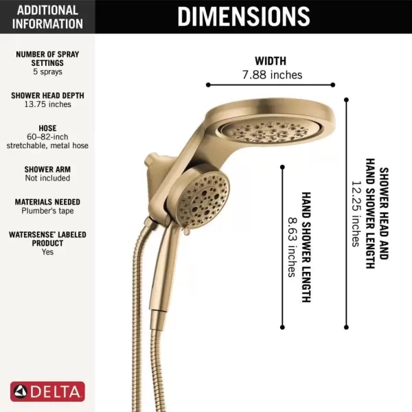 imageDelta Faucet HydroRain 5Spray H2Okinetic Dual Shower Head with Handheld Spray Gold Shower Head with Hose Handheld Shower Heads 25 GPM Flow Rate Champagne Bronze 58680CZ25Champagne Bronze