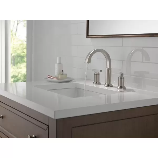 imageDelta Faucet Tetra Brushed Nickel Widespread Bathroom Faucet 3 Hole Brushed Nickel Bathroom Faucet for Bathroom Sink Bathroom Sink Faucet Metal Drain Lumicoat Stainless 355887SSPRDSTLumicoat Stainless