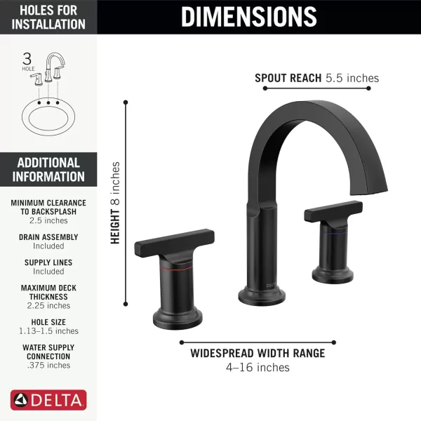imageDelta Faucet Tetra Brushed Nickel Widespread Bathroom Faucet 3 Hole Brushed Nickel Bathroom Faucet for Bathroom Sink Bathroom Sink Faucet Metal Drain Lumicoat Stainless 355887SSPRDSTMatte Black