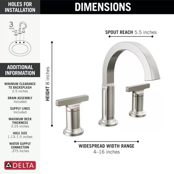 imageDelta Faucet Tetra Brushed Nickel Widespread Bathroom Faucet 3 Hole Brushed Nickel Bathroom Faucet for Bathroom Sink Bathroom Sink Faucet Metal Drain Lumicoat Stainless 355887SSPRDSTLumicoat Stainless