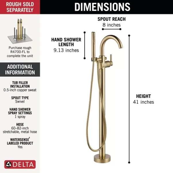 imageDelta Faucet Trinsic FloorMount Freestanding Tub Filler with Hand Held Shower Chrome Bathtub Faucet Tub Faucet Chrome T4759FL Valve Not IncludedChampagne Bronze