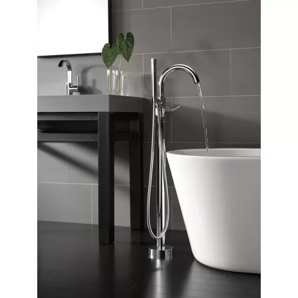 imageDelta Faucet Trinsic FloorMount Freestanding Tub Filler with Hand Held Shower Chrome Bathtub Faucet Tub Faucet Chrome T4759FL Valve Not IncludedChrome