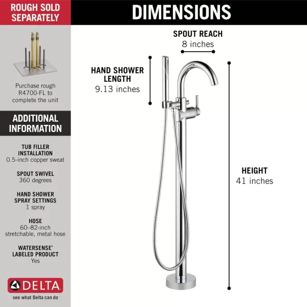 imageDelta Faucet Trinsic FloorMount Freestanding Tub Filler with Hand Held Shower Chrome Bathtub Faucet Tub Faucet Chrome T4759FL Valve Not IncludedChrome