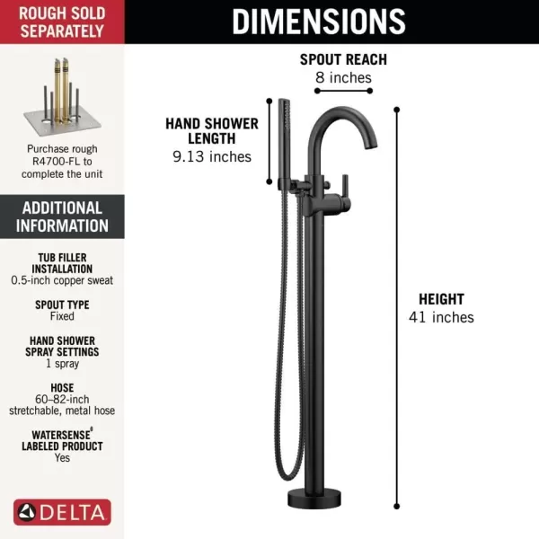 imageDelta Faucet Trinsic FloorMount Freestanding Tub Filler with Hand Held Shower Chrome Bathtub Faucet Tub Faucet Chrome T4759FL Valve Not IncludedMatte Black