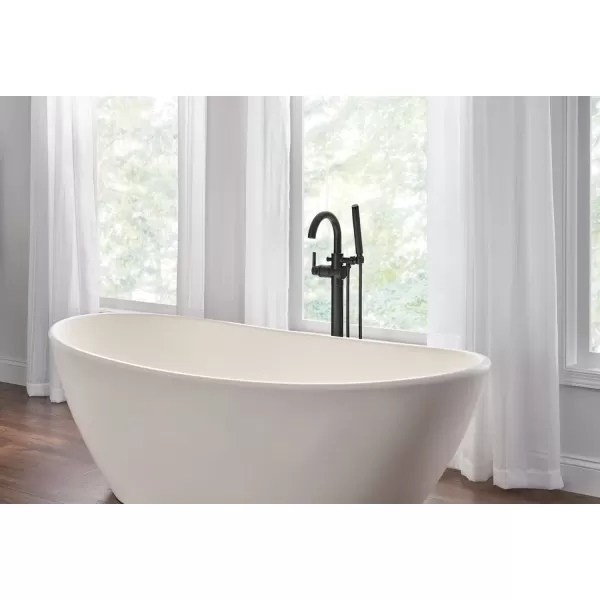 imageDelta Faucet Trinsic FloorMount Freestanding Tub Filler with Hand Held Shower Chrome Bathtub Faucet Tub Faucet Chrome T4759FL Valve Not IncludedMatte Black