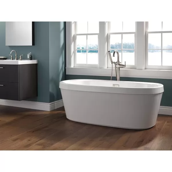 imageDelta Faucet Trinsic FloorMount Freestanding Tub Filler with Hand Held Shower Chrome Bathtub Faucet Tub Faucet Chrome T4759FL Valve Not IncludedStainless