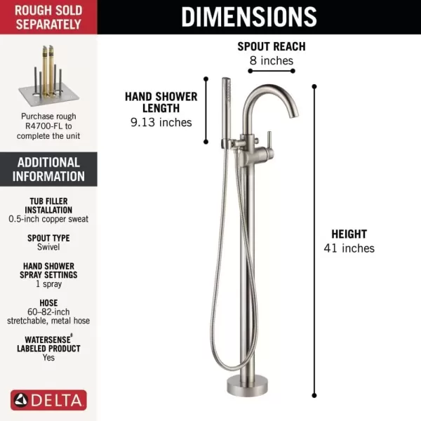 imageDelta Faucet Trinsic FloorMount Freestanding Tub Filler with Hand Held Shower Chrome Bathtub Faucet Tub Faucet Chrome T4759FL Valve Not IncludedStainless