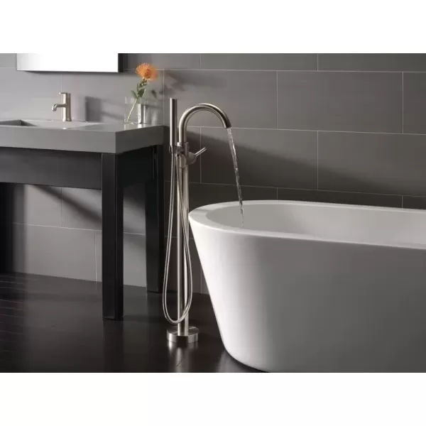 imageDelta Faucet Trinsic FloorMount Freestanding Tub Filler with Hand Held Shower Chrome Bathtub Faucet Tub Faucet Chrome T4759FL Valve Not IncludedStainless